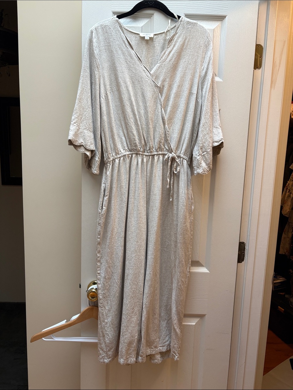Umgee jumpsuit linen blend Light Beige Wide-Leg cropped with Wrap Front small